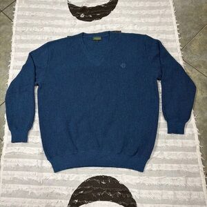Andean Sweater Mens L Blue 100% Alpaca V Neck Knit Peru Grandpacore Golf Luxury